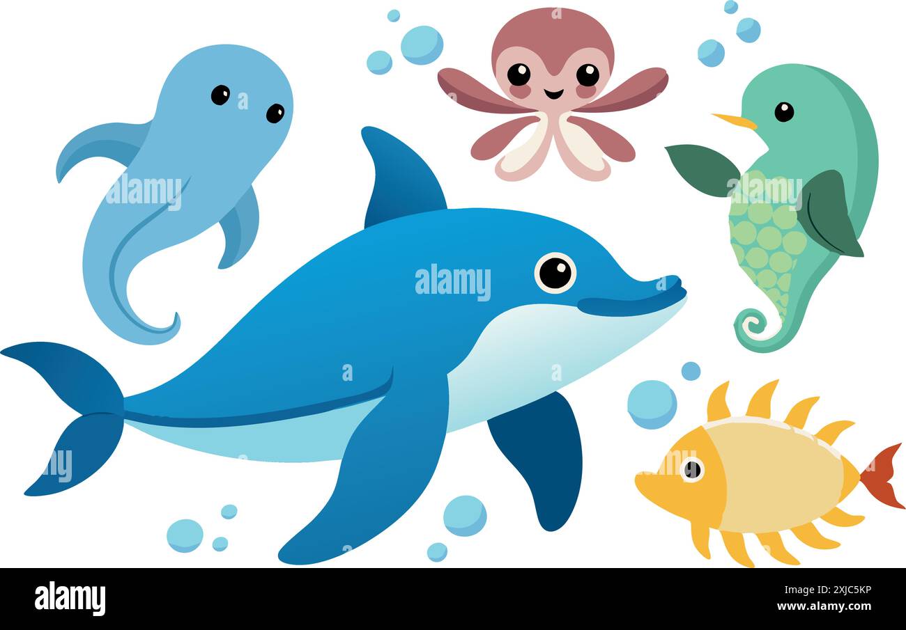 An adorable illustration of various cartoon sea animals like a dolphin