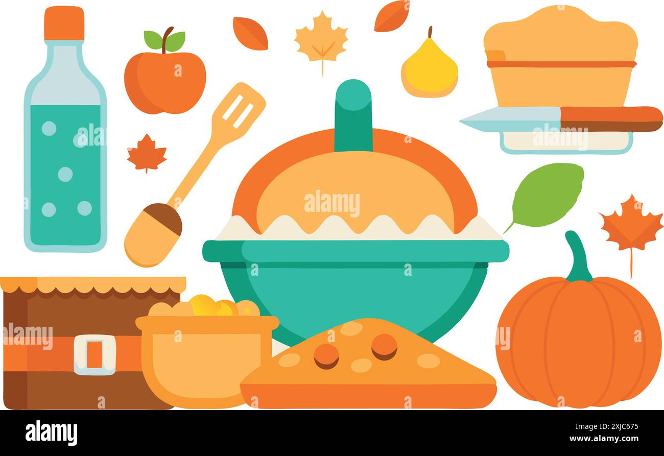 Flat design illustration of autumn baking essentials featuring a pie, pumpkin, apples, and other ingredients and utensils for festive seasonal cooking Stock Vector