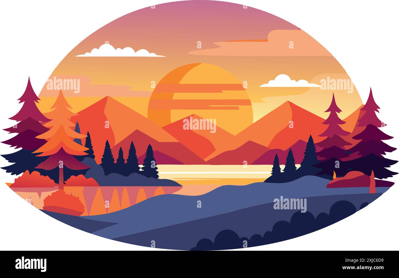 Abstract illustration of a colorful sunset over mountains and a lake with pine trees and clouds. Vibrant and scenic landscape Stock Vector