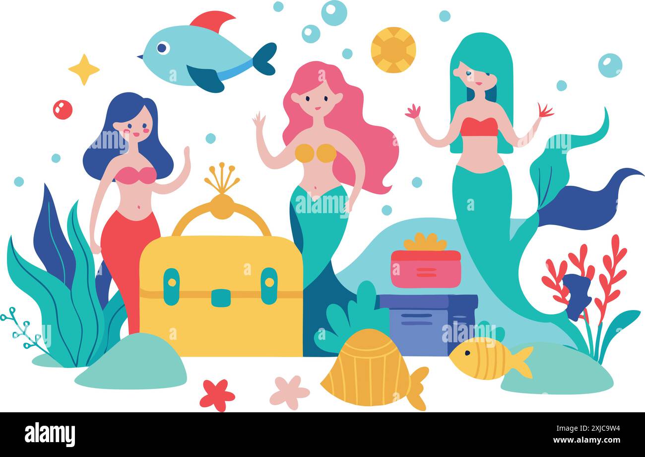 Vibrant and whimsical underwater illustration featuring three mermaids, a treasure chest, fish, and sea plants, creating a joyful and magical oceanic Stock Vector