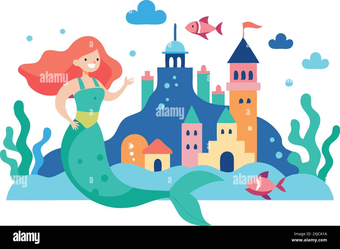 Digital illustration of a cartoon mermaid with an underwater castle and fish, creating a whimsical and fantasy underwater scene. Stock Vector