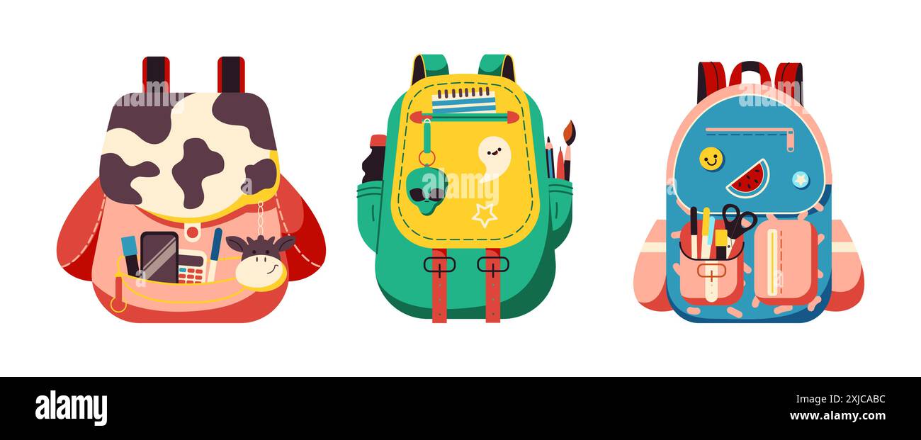 Flat design student backpacks set on white background. Line vector ...