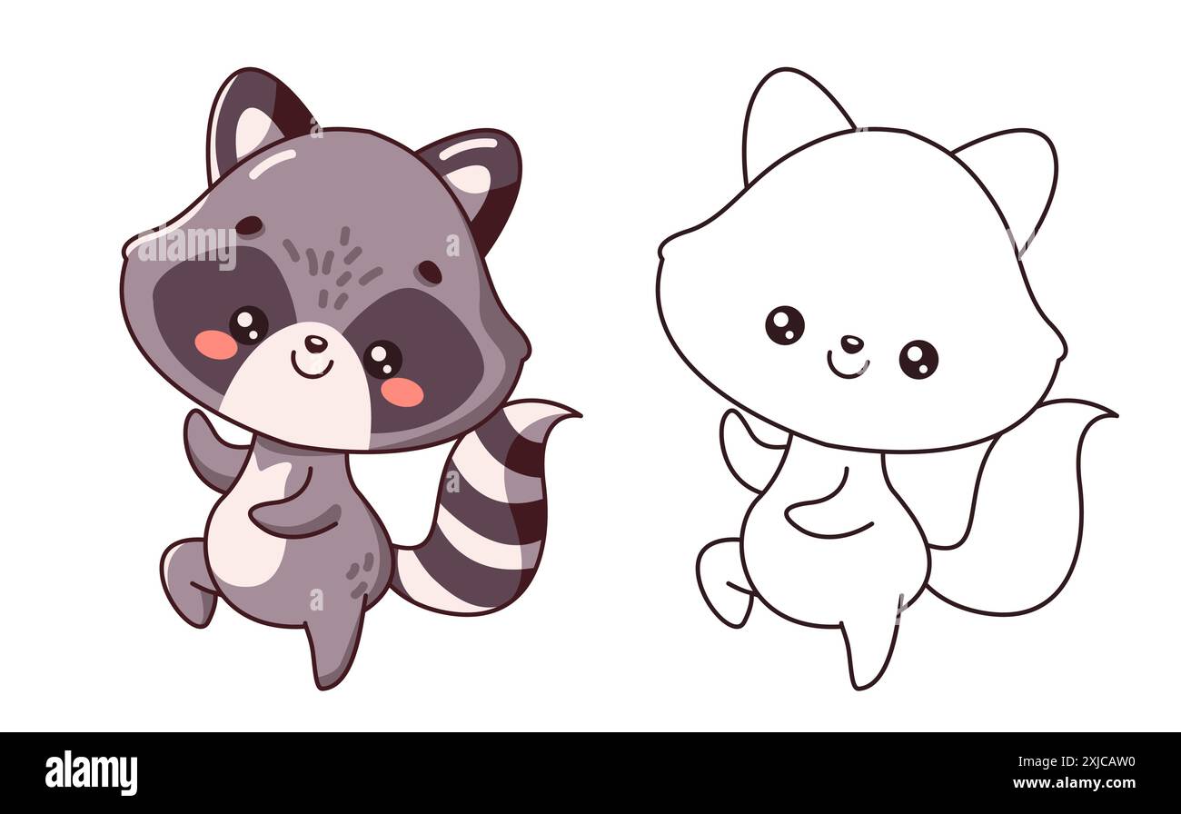 Little Racoon Drawing Joyful little racoon dancing cartoon character of coloring page. Cute ...