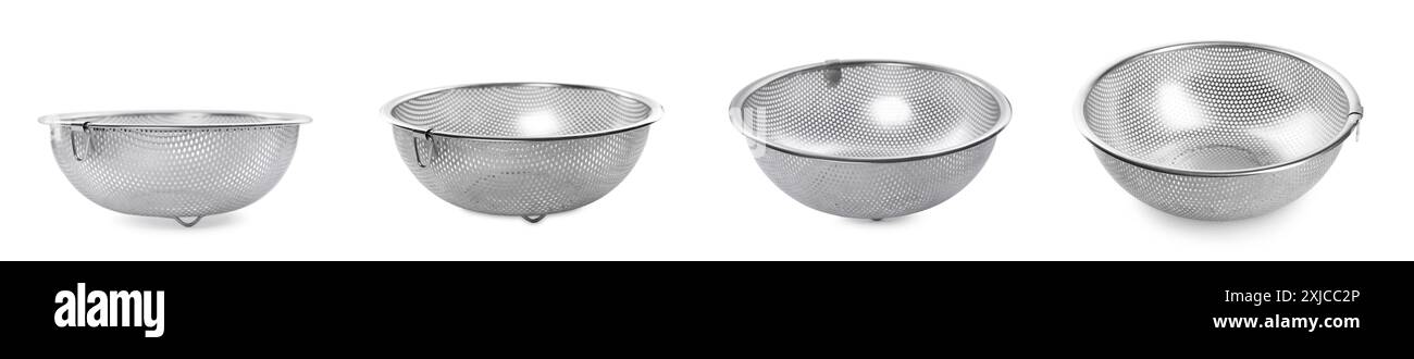Different Colander Set sieve on white Cut Out Stock Images & Pictures - Alamy