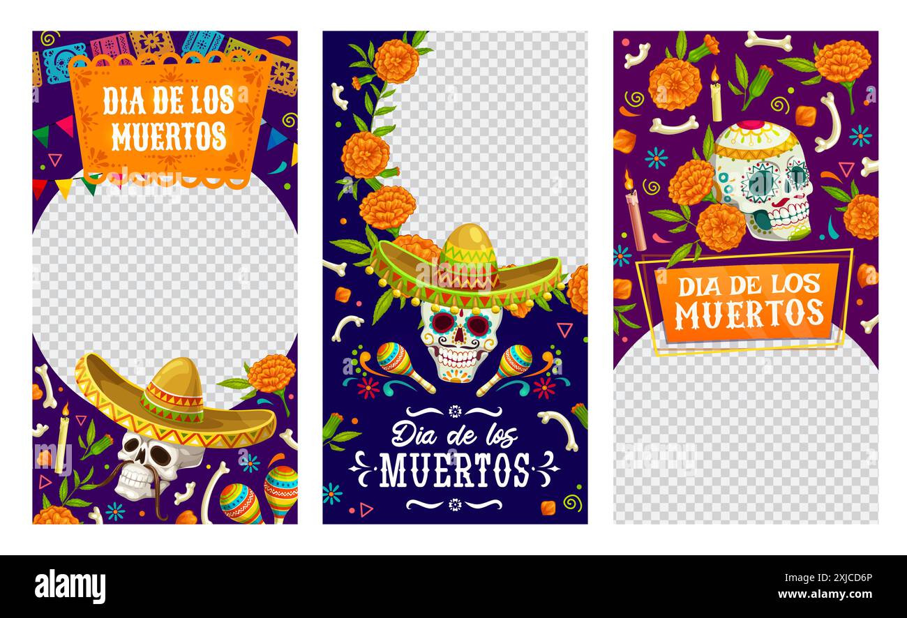 Day of Dead Mexican holiday social media templates for Dia de Los Muertos, vector frames. Sugar calavera skulls with marigold flowers and papel picado Stock Vector