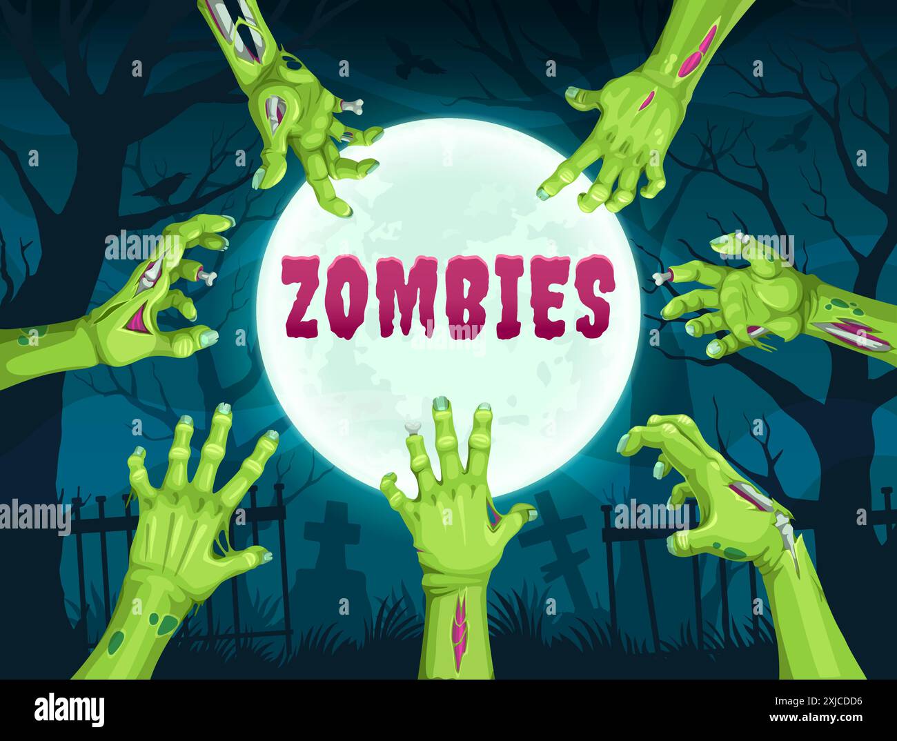 Finger Zombie Vector Zombie hands on midnight Halloween cemetery. Vector banner with green ...
