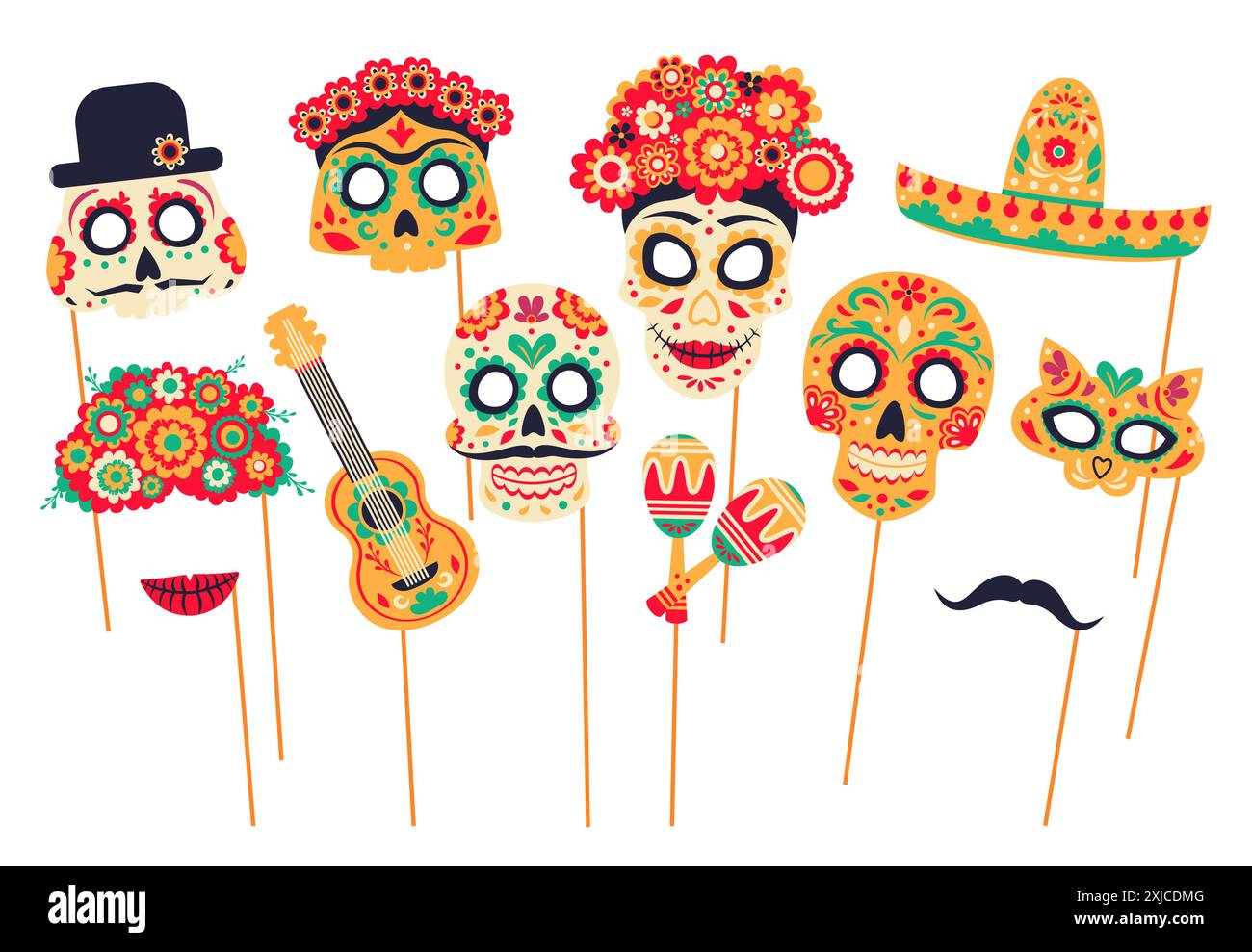 Mexican dead day photo booth masks and props for Dia De Los Muertos holiday, vector cartoon faces. Catrina calavera, skull in sombrero, guitar and mar Stock Vector