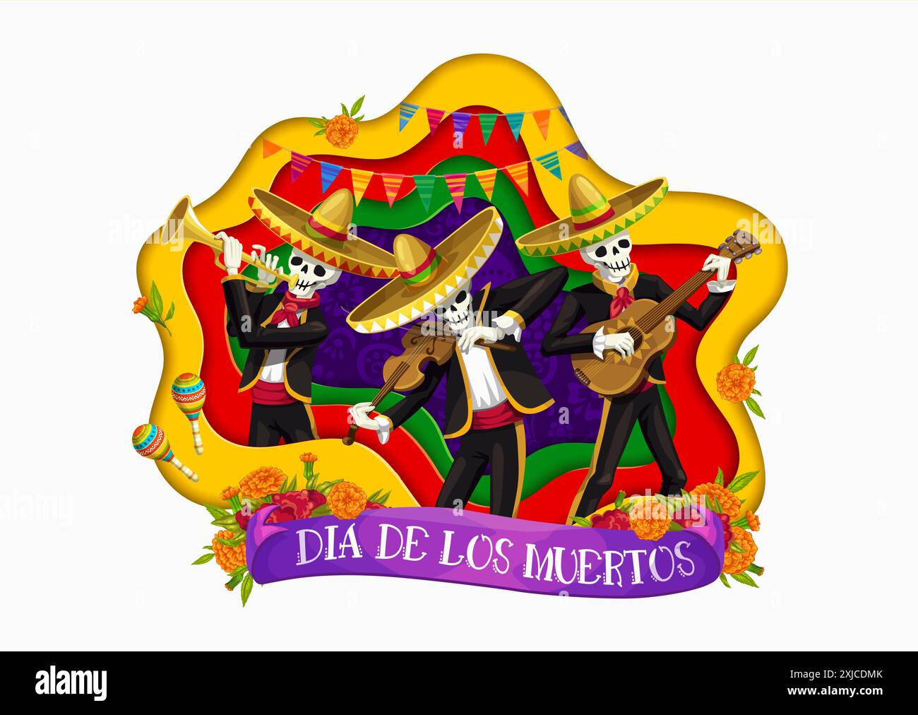 Day of the Dead mariachi musicians band in paper cut shape for Mexican holiday, vector banner. Dia De Los Muertos skeletons in sombrero with violin, g Stock Vector