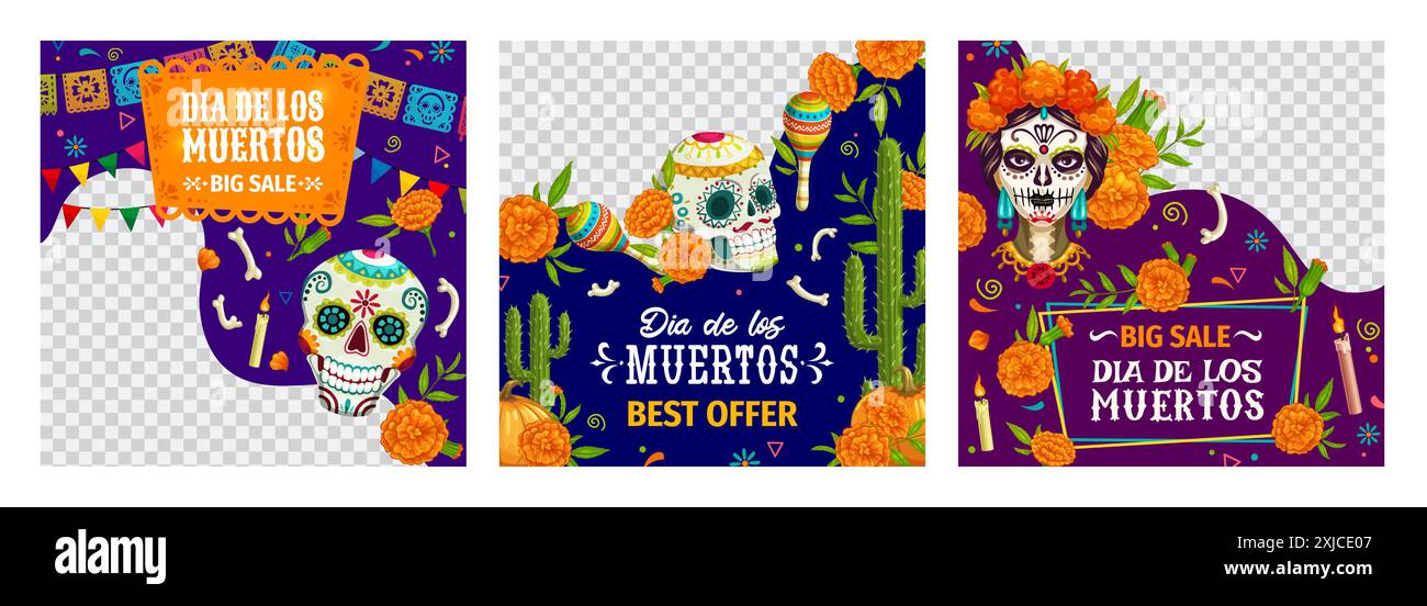 Big sale offer banners for Day of the Dead Mexican holiday, vector background. Dia de Los Muertos shop promotion and discount promo frames with Catrin Stock Vector