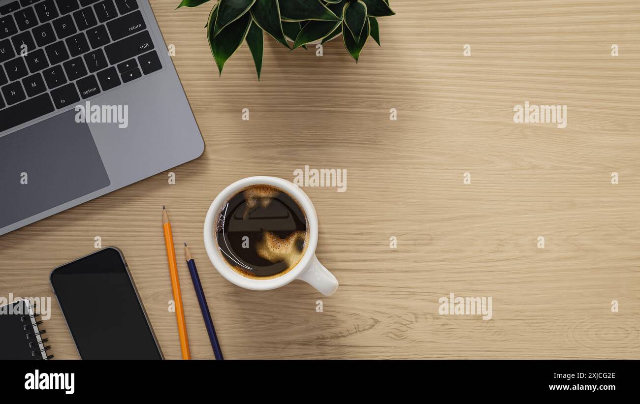 workplace desk flat lay background. 3d rendering Stock Photo