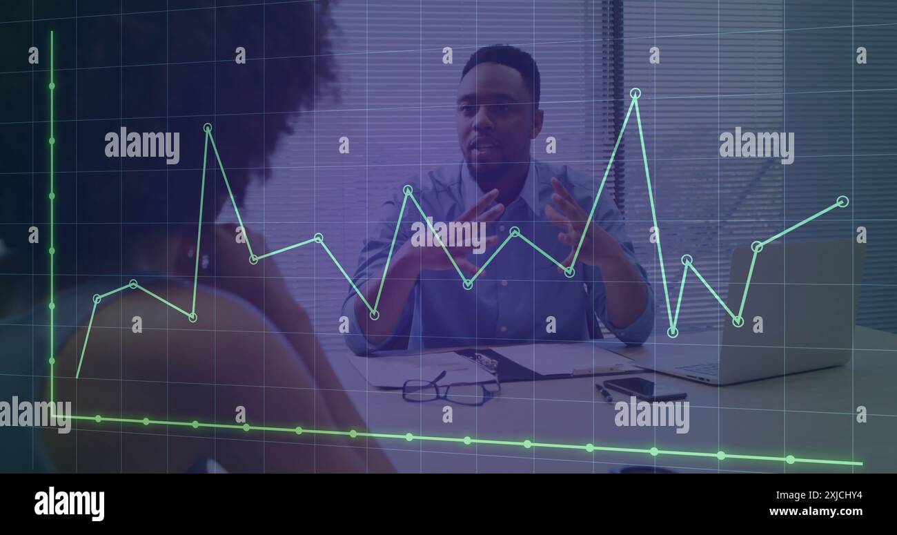 Image of graph and grid pattern over diverse coworkers discussing ...