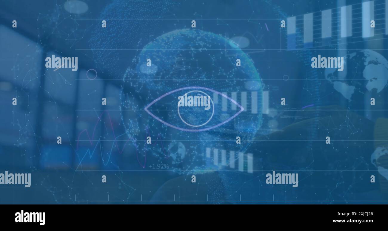 Image of eye, graphs, loading circles and globes over empty warehouse Stock Photo