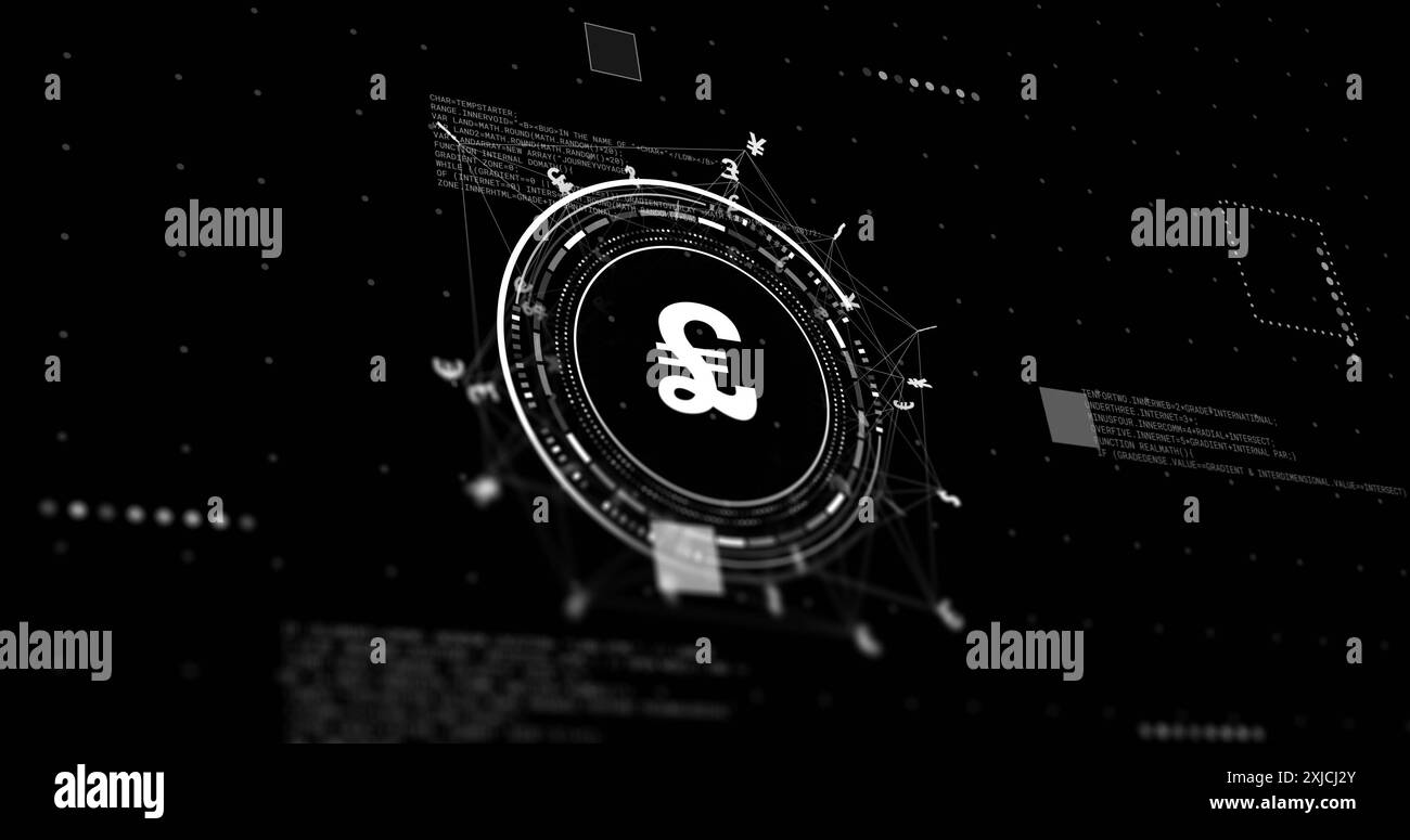 Image of network with data processing and pound signs over black ...