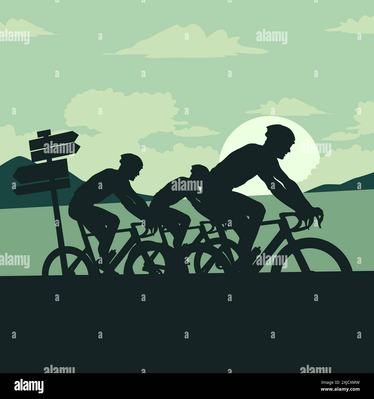 A vector illustration of Silhouette Cyclist Riding Bicycle on the Road ...