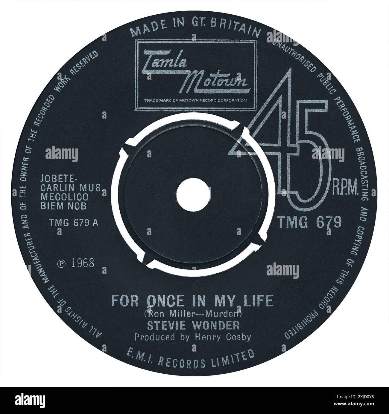 45 RPM 7&quot; UK record label of For Once In My Life by Stevie Wonder 