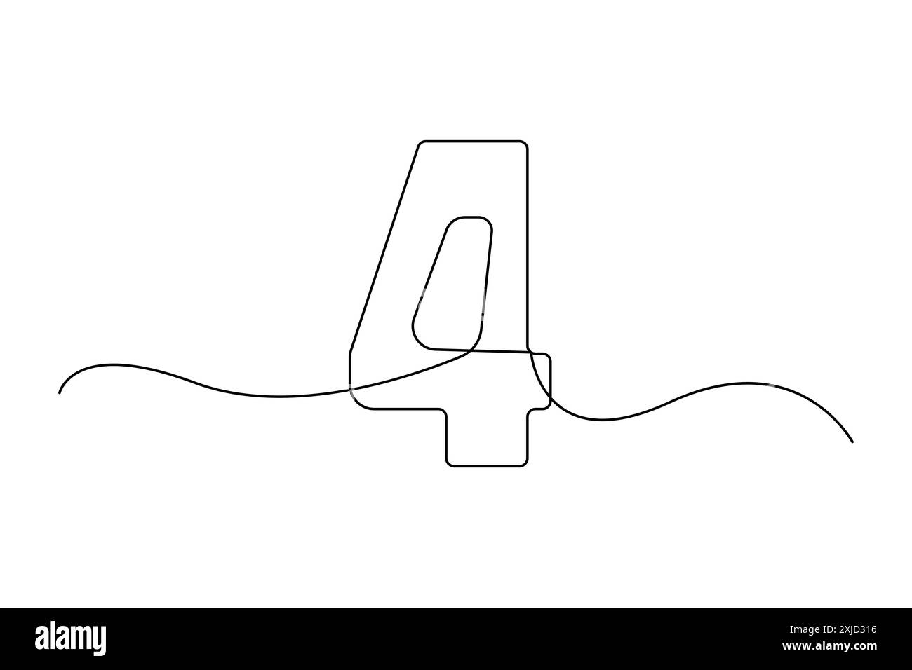 Continuous line four. Minimalist vector number. Simple outline design. Black and white. Stock Vector
