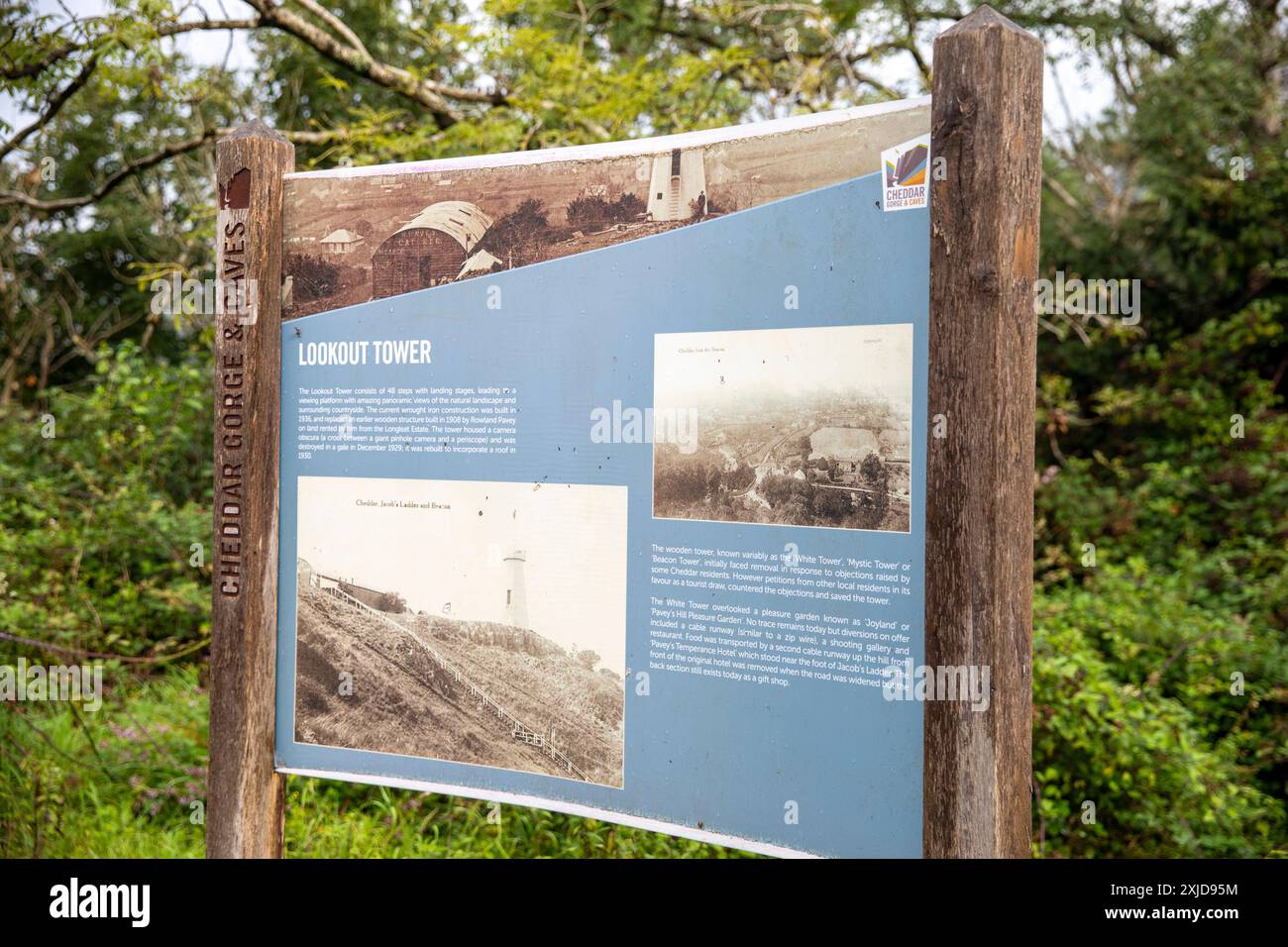 Cheddar Gorge lookout tower information and visitor sign at the top of jacobs ladder, Somerset,West Country,England,UK Stock Photo