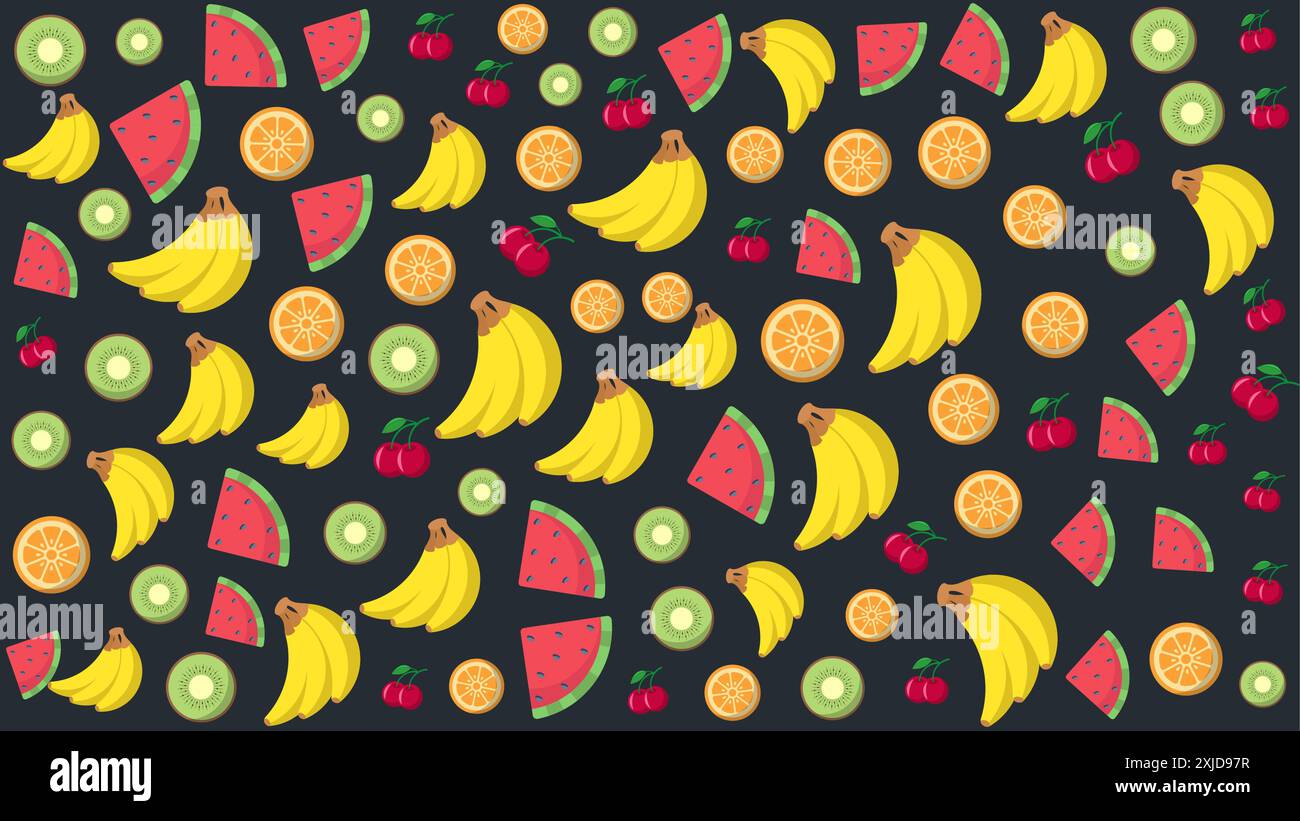 Colorful fruit pattern with dark background. Vector illustration Stock Vector
