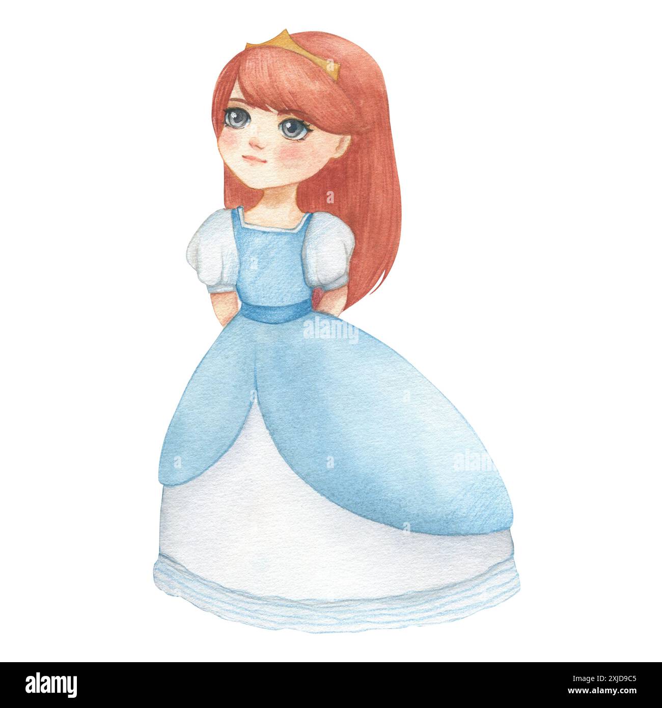 Watercolor illustration of a fantasy princess in blue dress with red ...