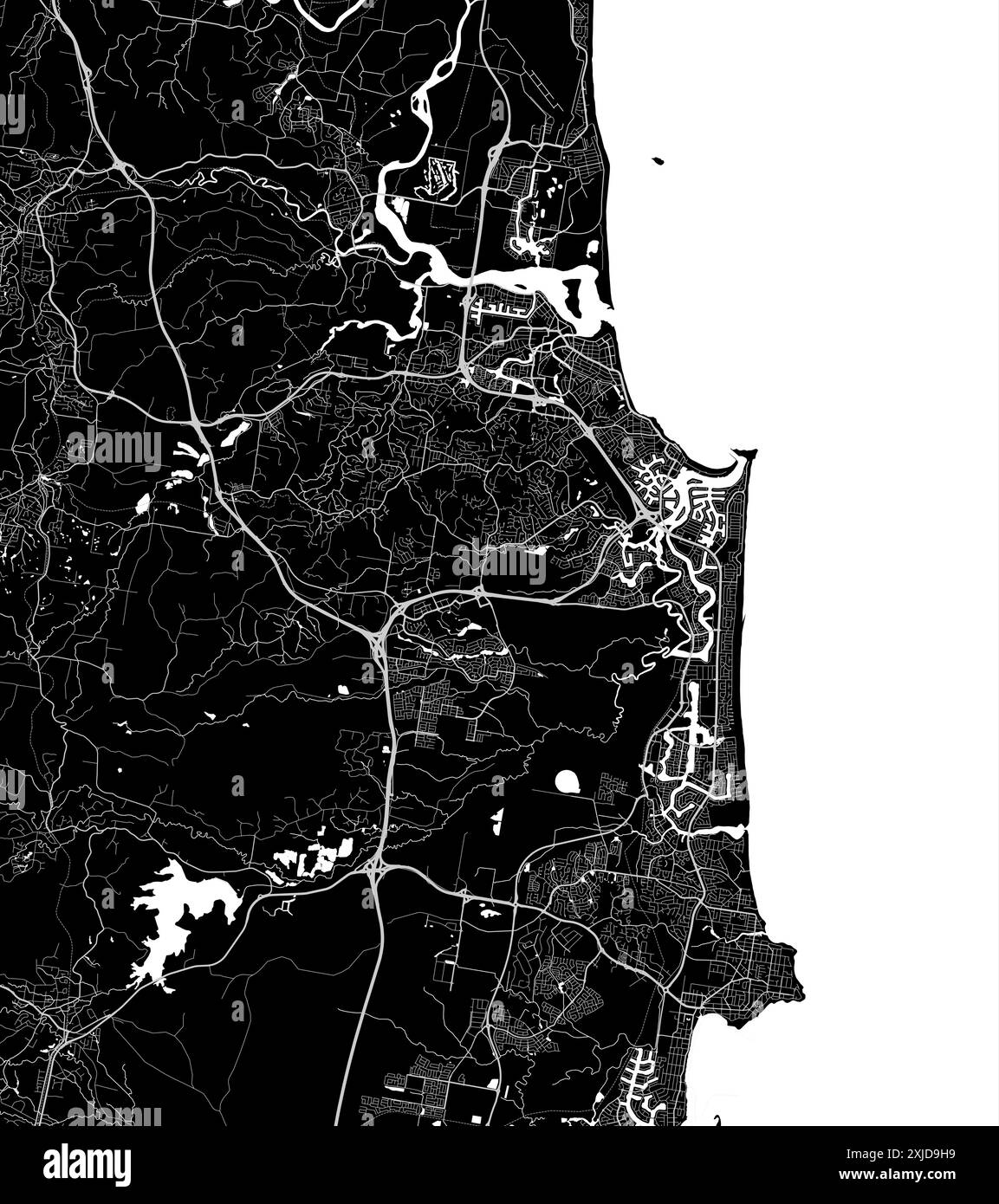 Map of Sunshine Coast, Australia. Detailed city vector map, metropolitan area. Black and white