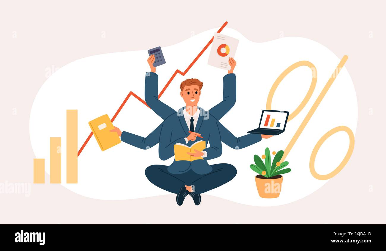 Multitasking business man. Office worker in suit sits in lotus position. Man with lot of hands. Growing schedules. Successful businessman works. Time Stock Vector