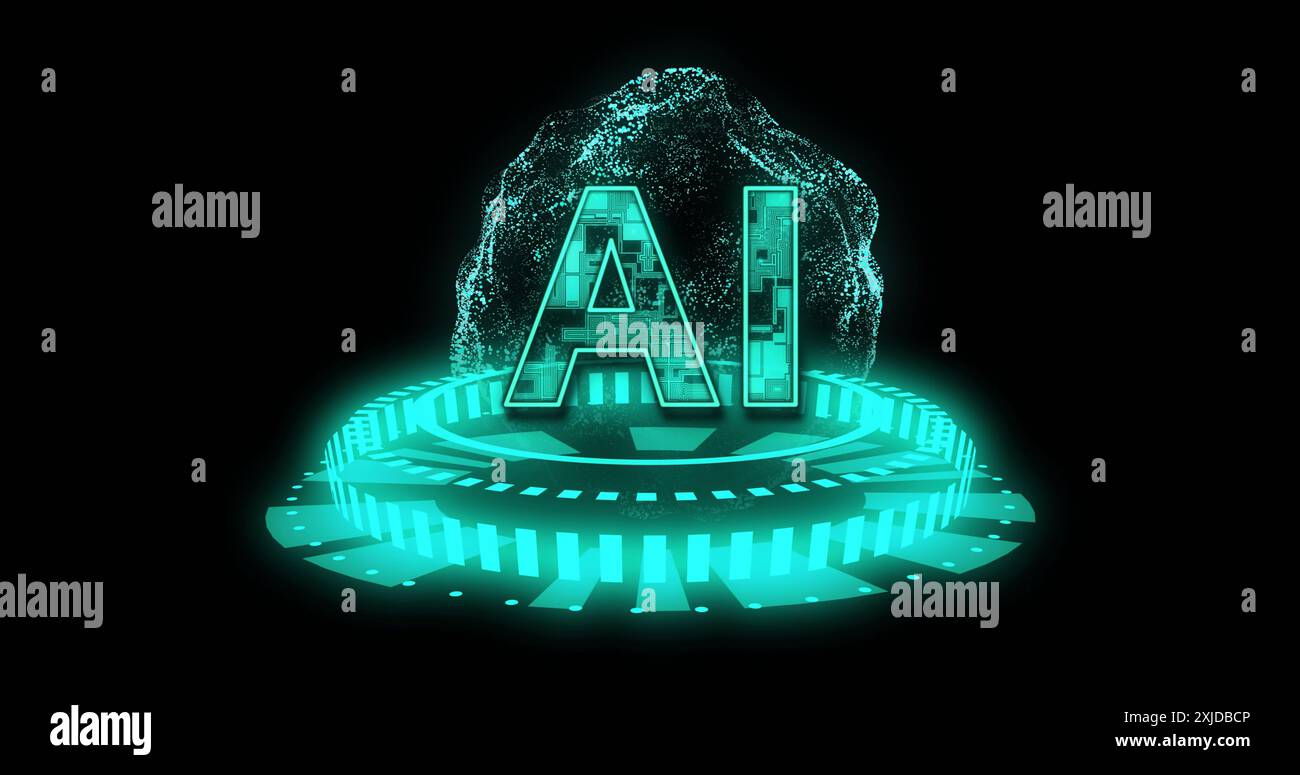 Image of ai text, binary coding data processing over globe. Global artificial intelligence, connections, computing and data processing concept digital Stock Photo