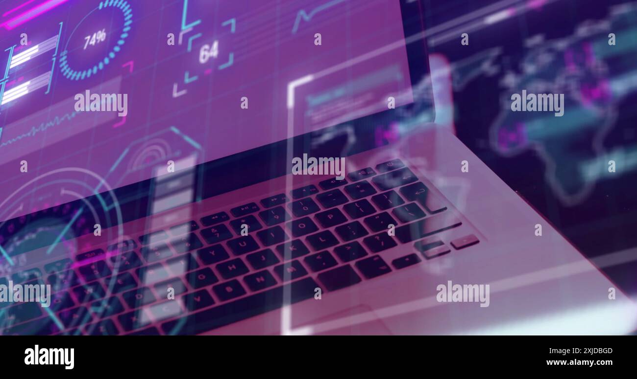Image of screens with data processing over laptop Stock Photo - Alamy