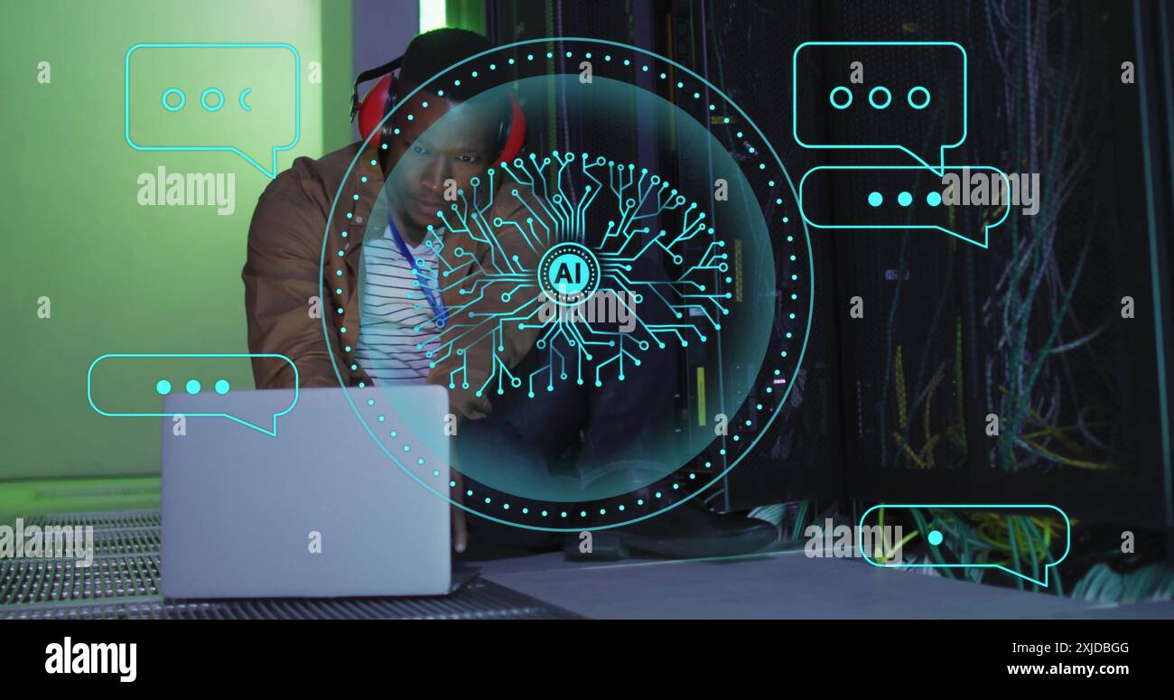 Image of human brain ai data processing over african american man using lapt. Global artificial intelligence, data processing, computing and digital i Stock Photo