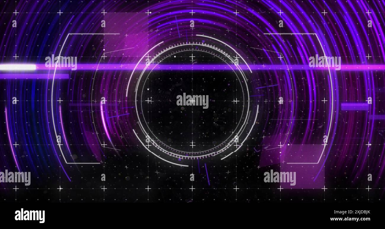 Image of rotating pink lights and circular scanner processing data on black background. Network, data, connection, processing, digital interface and c Stock Photo