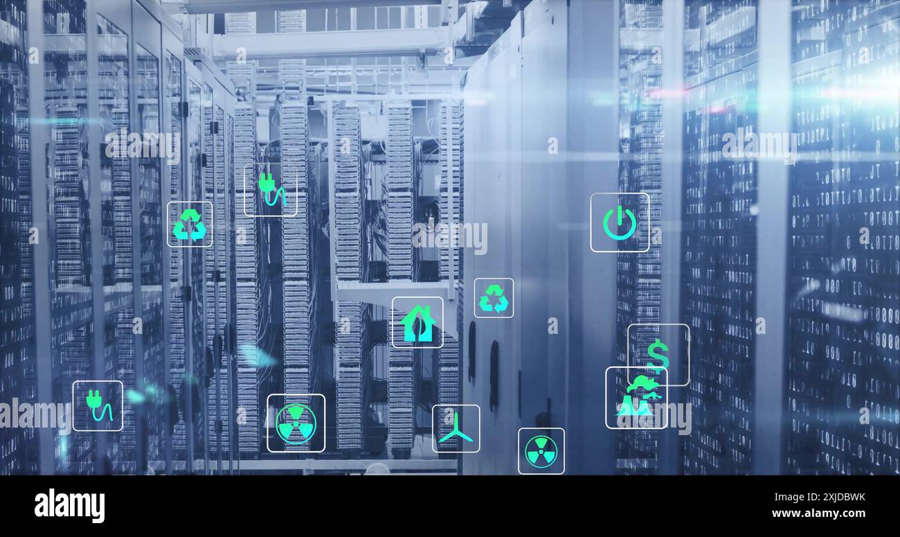 Image of eco icons and digital data processing over computer servers. Global connections, computing and data processing concept digitally generated im Stock Photo