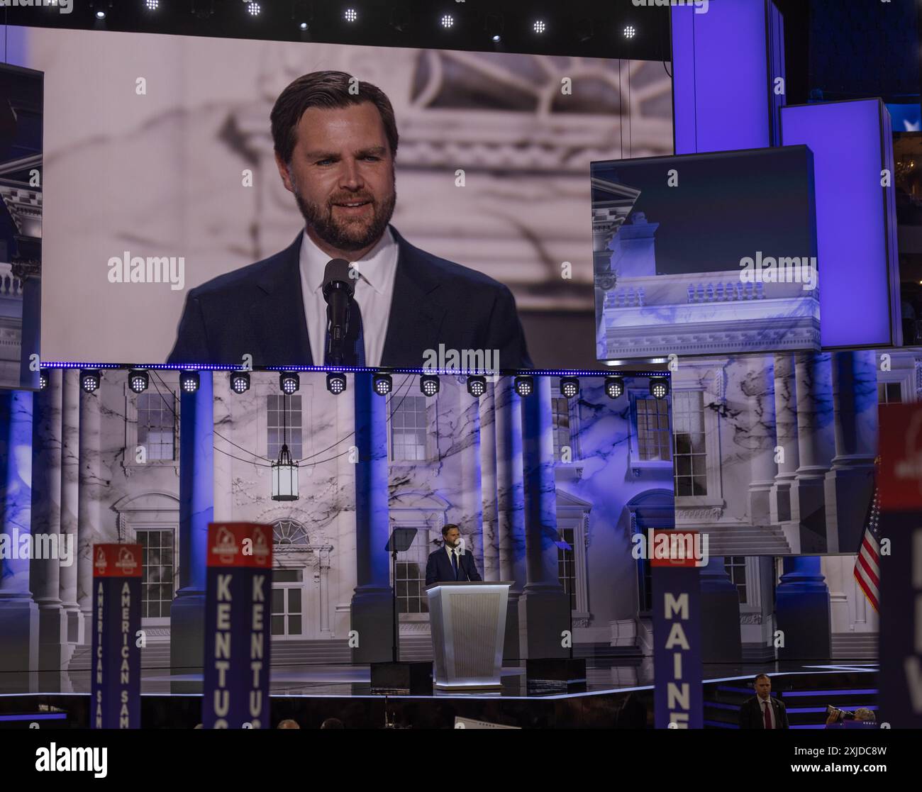 MILWAUKEE, Wis. – July 17, 2024: Republican vice presidential nominee Senator J.D. Vance (R-OH) addresses the 2024 Republican National Convention. Stock Photo