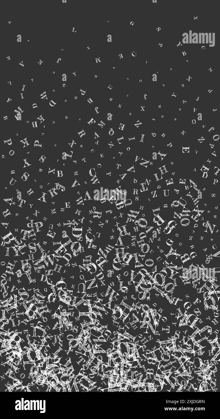 Scattered letters of latin alphabet. White chalk floating characters of ...