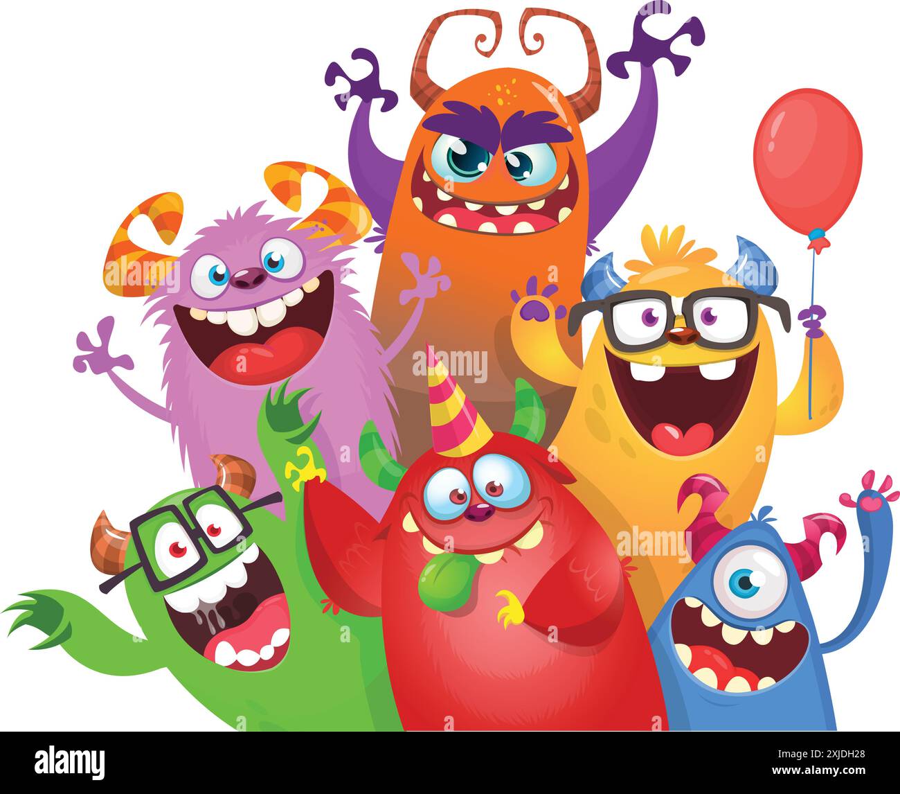 Cute cartoon Monsters. Vector set of cartoon happy monsters with balloons and party hats. Illustration isolated. Stock Vector