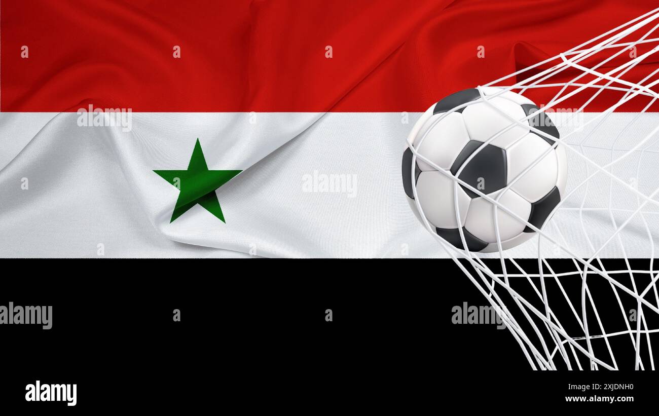 Football ball with the national flag of Syria. Flag of Syria. Horizontal Realistic waving flag of State of Syria. Fabric textured flowing flag of Syri Stock Vector