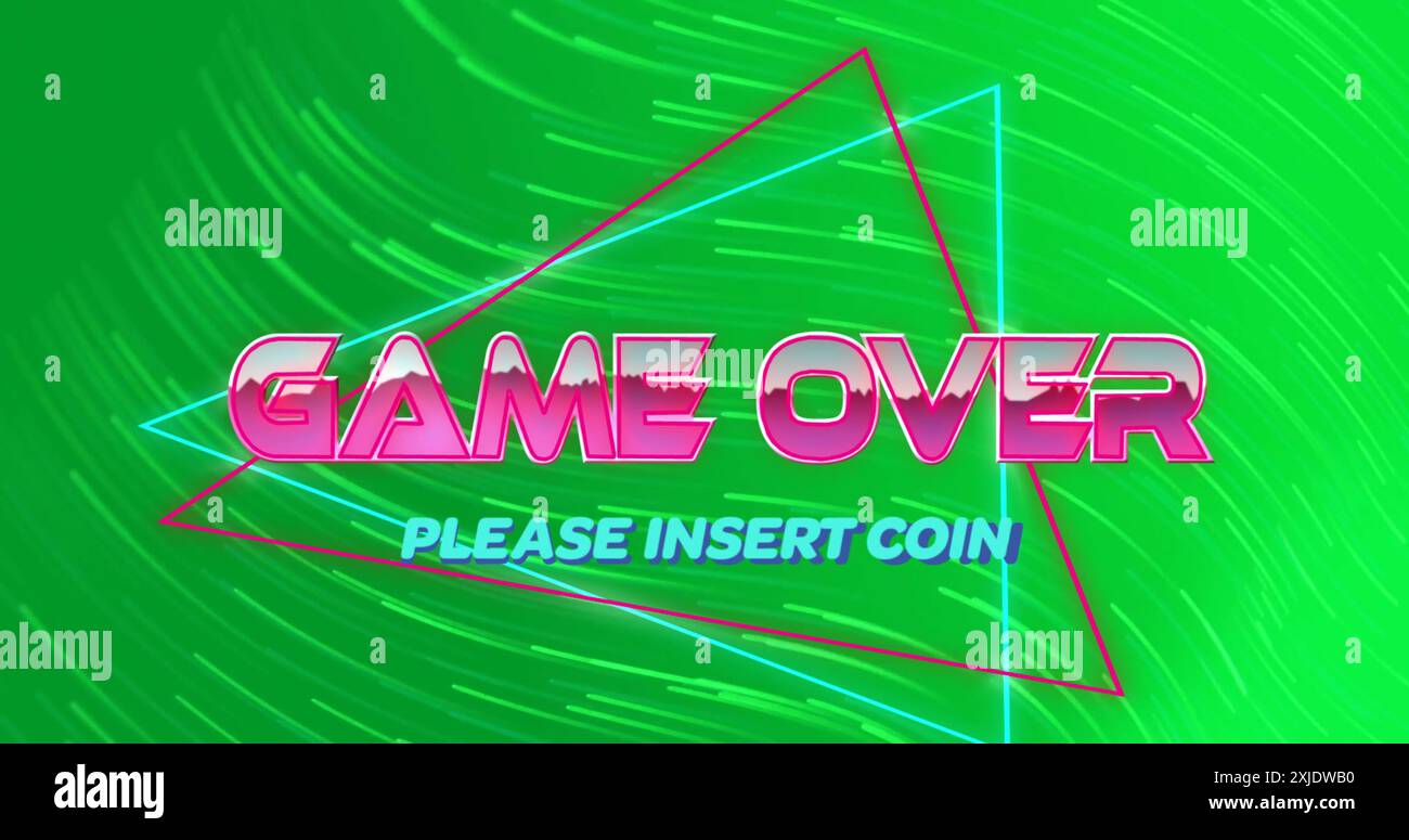 Image of game over only text over light trails on green background ...