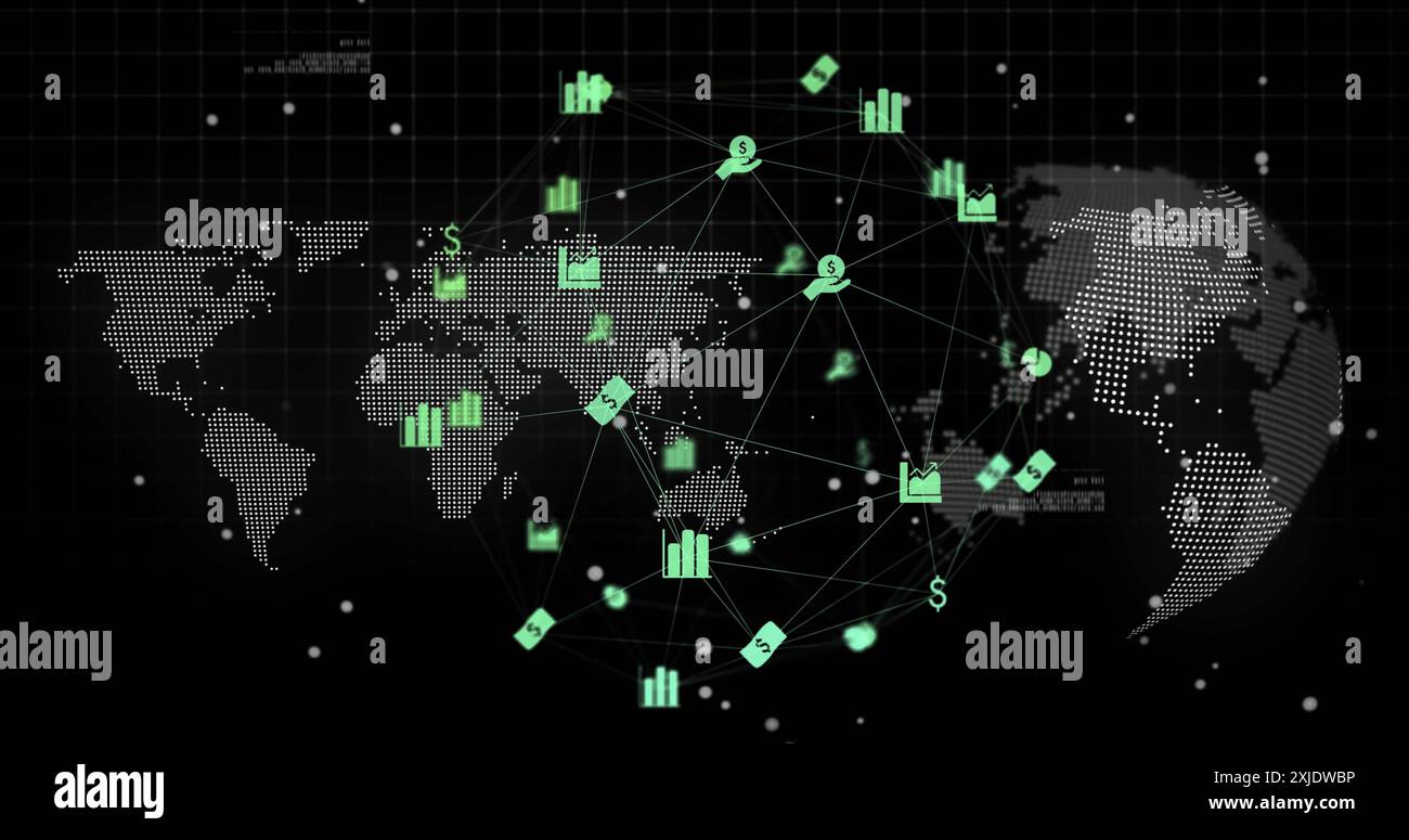 Image of data processing, world map and globe over black background ...