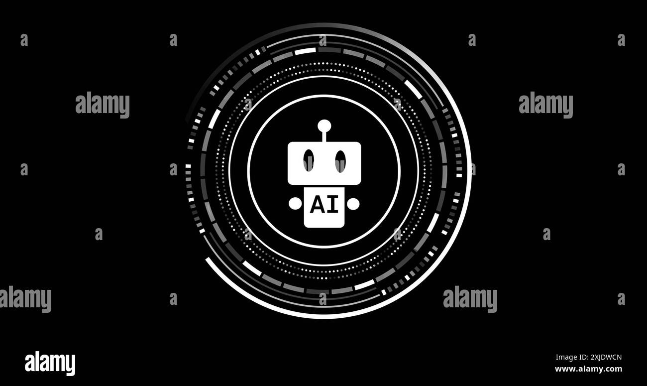 Image of ai chat bot and data processing over black background. Global artificial intelligence, finance, business, connections, computing and data pro Stock Photo