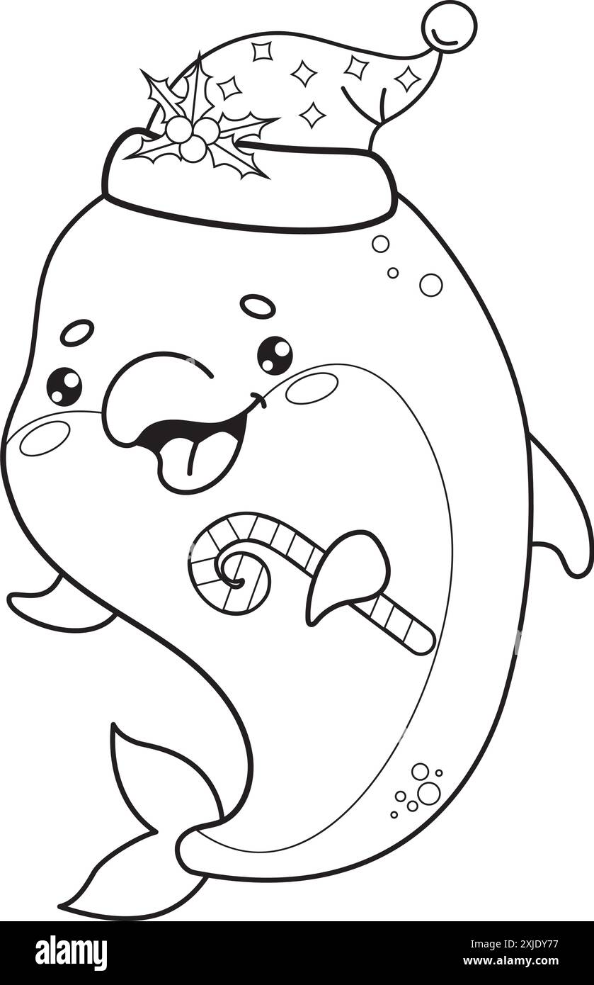 Cute cartoon Christmas dolphin in Santa hat with holly and striped ...