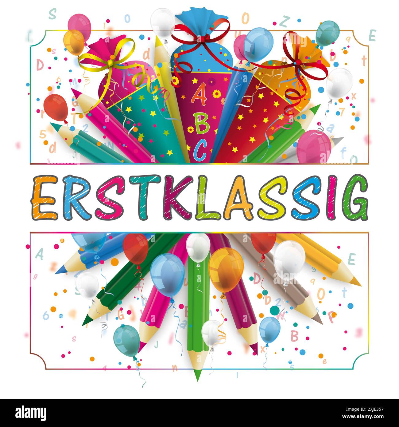 Erstklassig Candy Cones Pencils Letters Balloons Cover German text Erstklassig, translate First Grade. Stock Photo