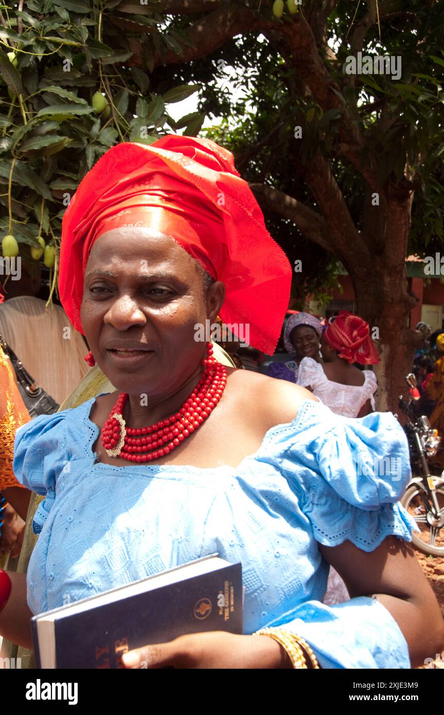 Wedding guest with smart headdress, Ankpa, Kogi State,  Nigeria, Africa Stock Photo