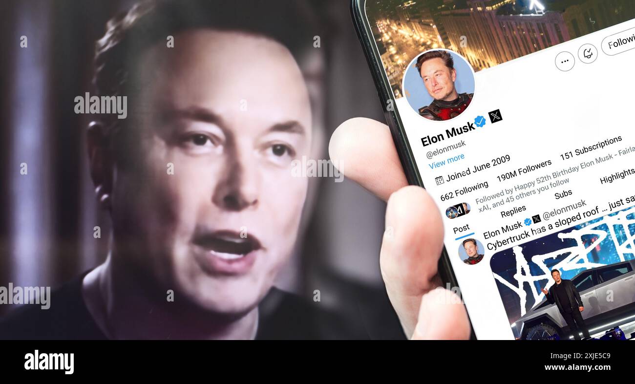 Ukraine. Poltava. July 17, 2024. Elon Musk profile on a smartphone