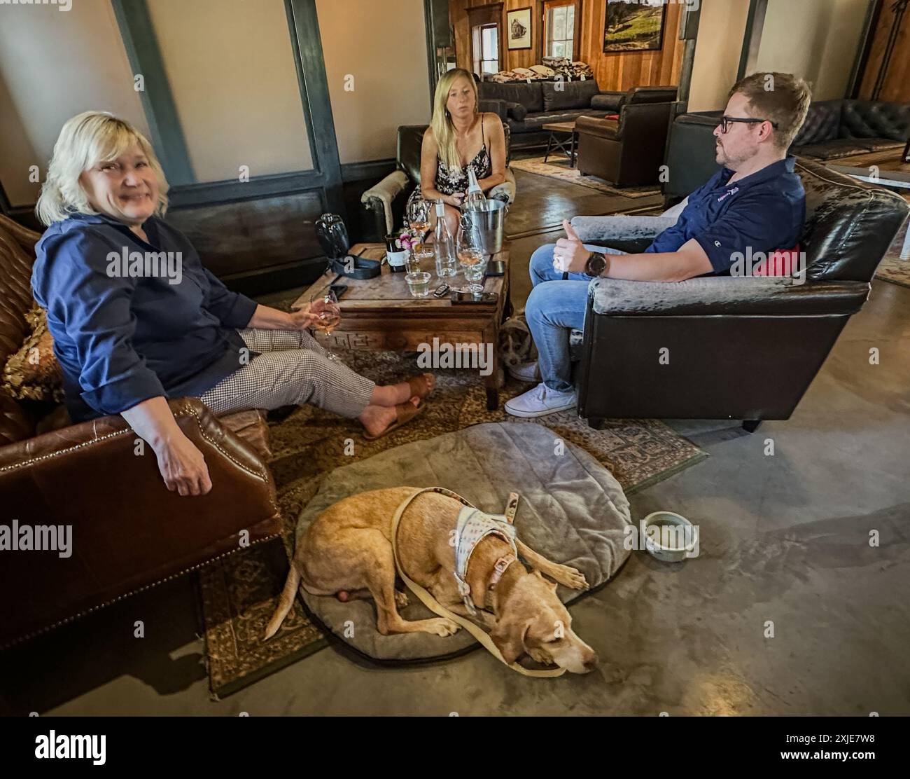 Santa Ynez, California, USA. 16th July, 2024. A family with three dogs from the Inland Empire enjoys a quiet wine tasting experience at one of the wineries closest to the Lake Fire in Santa Ynez, the historic Gleason Family vineyards, in the town famous for wine tasting and vineyards, on the North side of Santa Barbara County, during the biggest California fire of the year 2024, which they hadn't heard about before arriving. They also didn't notice the smokey haze lingering in the usually clear blue sky here, 'because we are so use to the L.A. Smog!'' Usually the wineries and streets woul Stock Photo