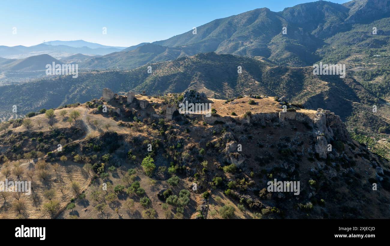aerial view of the ruins of the castle of Turon in the municipality of Malaga, Andalusia. Stock Photo