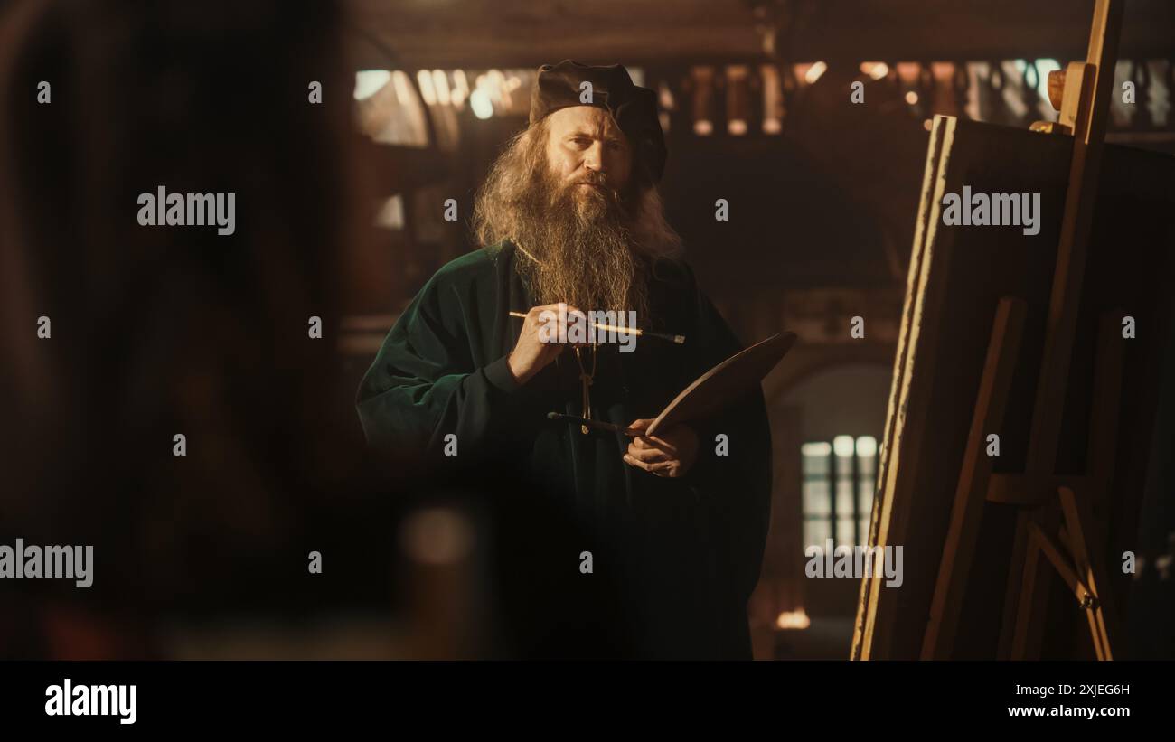 Representation of Historical Era: Wide Portrait of the Genius Leonardo Da Vinci Painting his Muse and Creating a Masterpiece in his Art Workshop. Talented Renaissance Painter Practicing his Craft Stock Photo