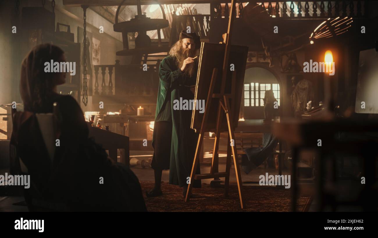 Representation of Historical Era: Wide Portrait of the Genius Leonardo Da Vinci Painting his Muse and Creating a Masterpiece in his Art Workshop. Talented Renaissance Painter Practicing his Craft Stock Photo