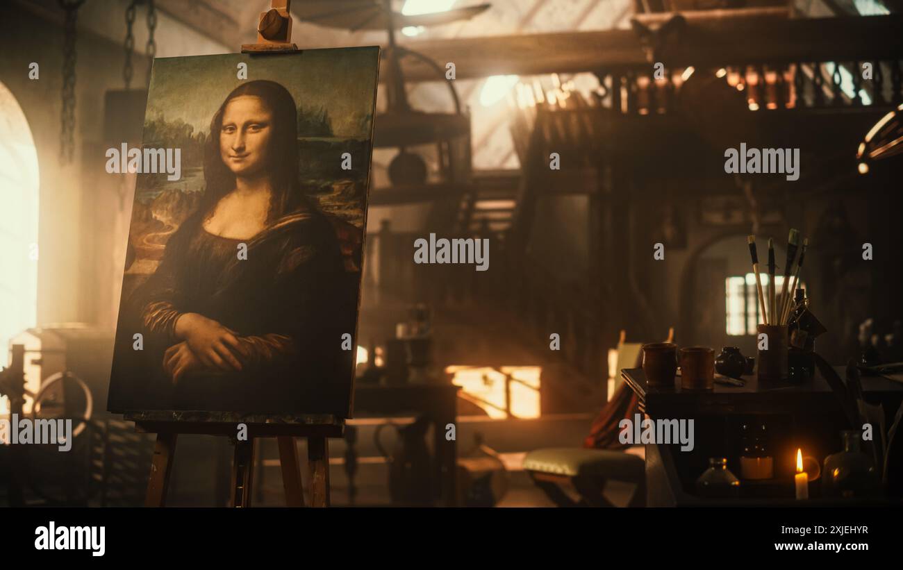 Renaissance Aesthetics: Empty Shot with no People Presenting the Famous Painting of the Mona Lisa Resting on an Easel Stand in an Old Art Workshop. Recreation of Leonardo Da Vinci's Creative Space Stock Photo