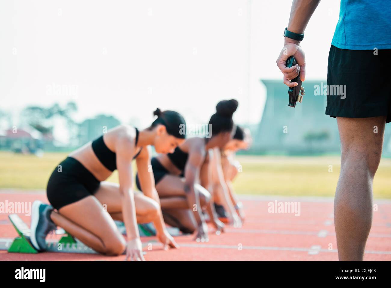 Running Starter Hand, race and person with starter pistol for running, exercise or ...