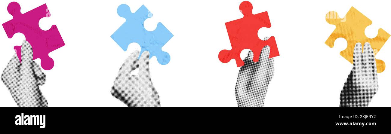 Halftone hands making puzzle together collage vector illustration Stock Vector