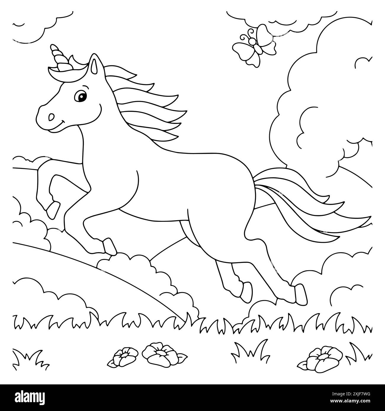 The unicorn jumps on the grass. Coloring book page for kids. Cartoon ...