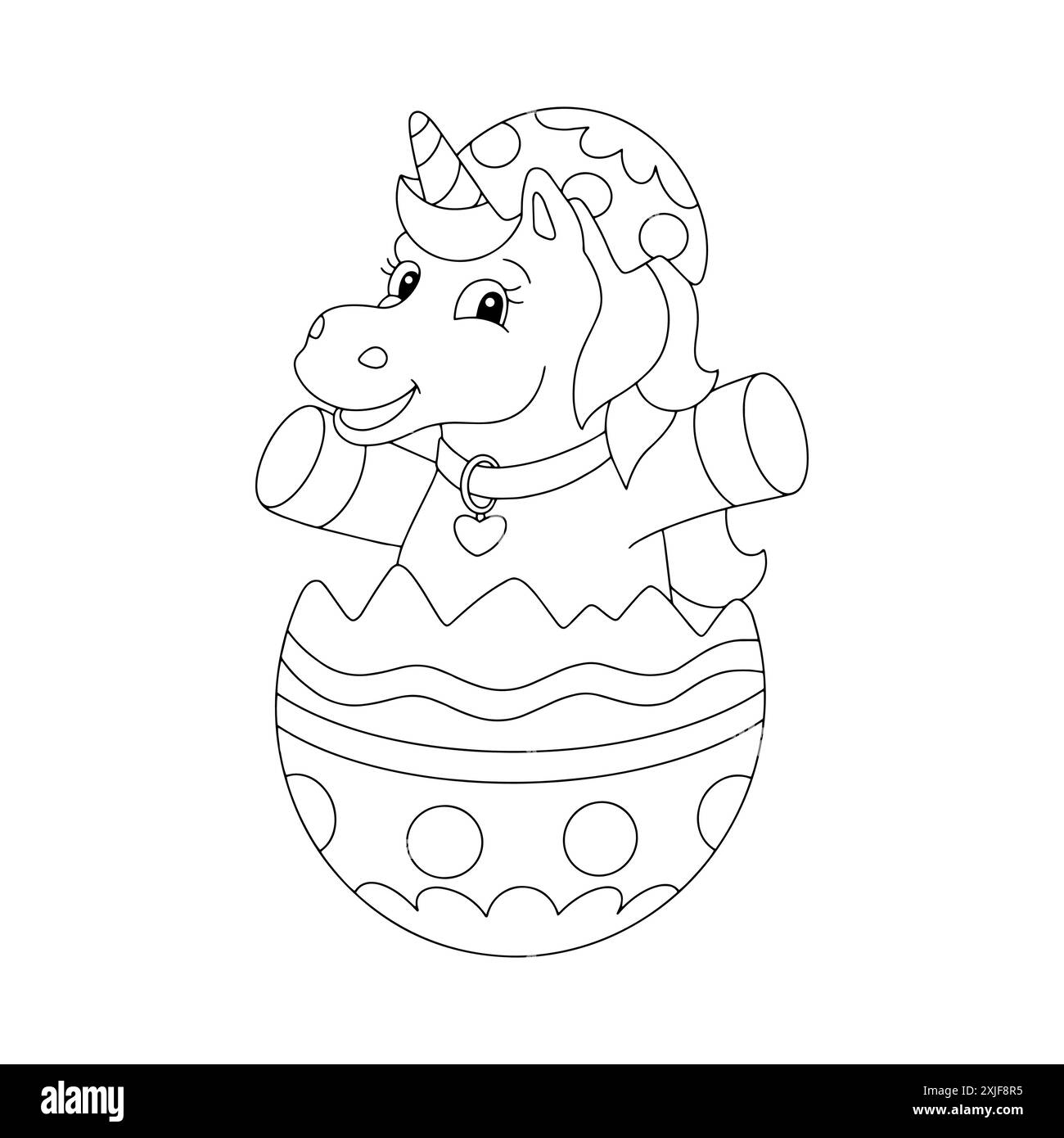 The unicorn jumps out of the Easter egg. Coloring book page for kids ...